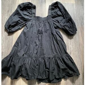 Puff Sleeve Square Neck Ruffle Black Cotton Smock Mini Dress Medium Boho Minimal